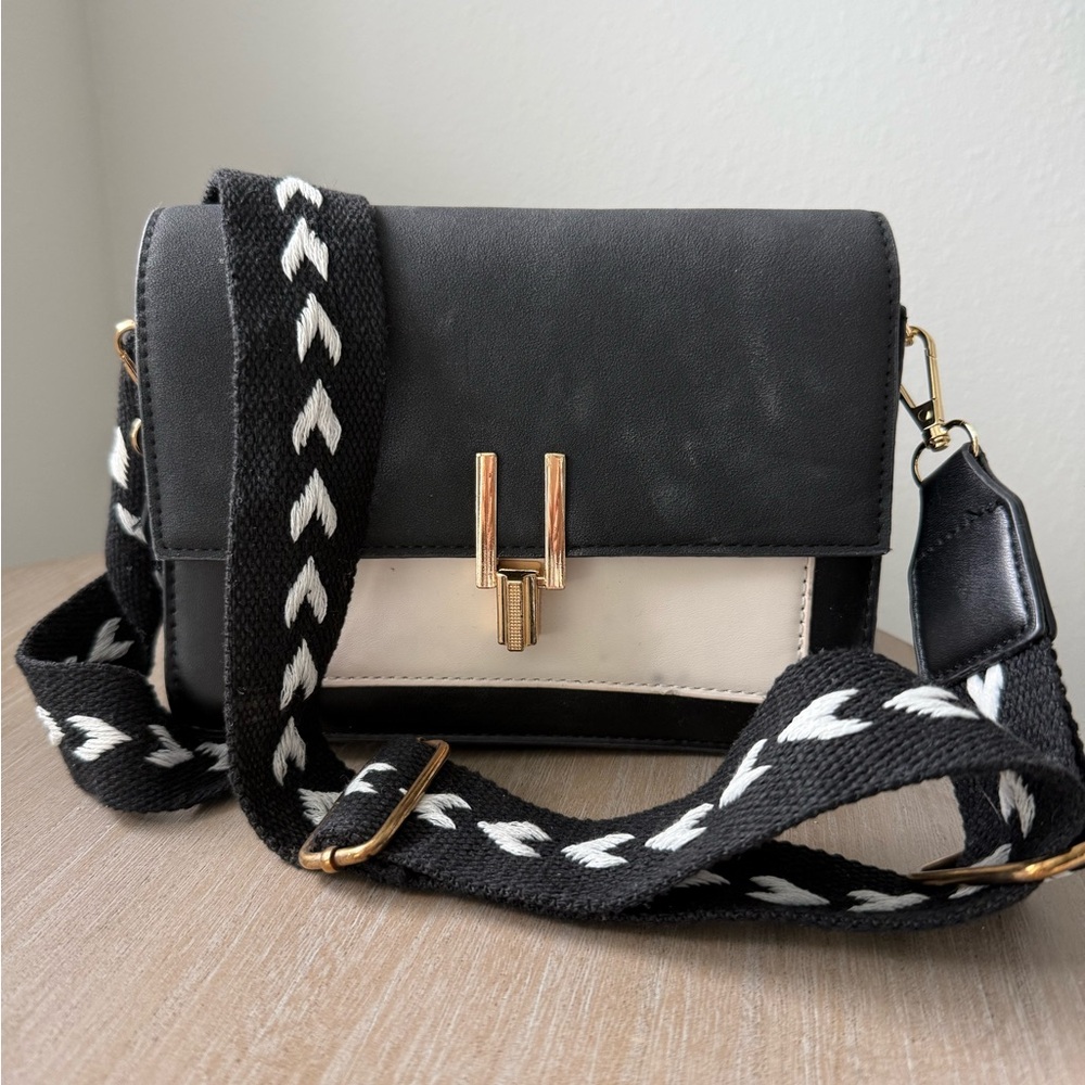 Black and White Crossbody Bag with Gold Accent